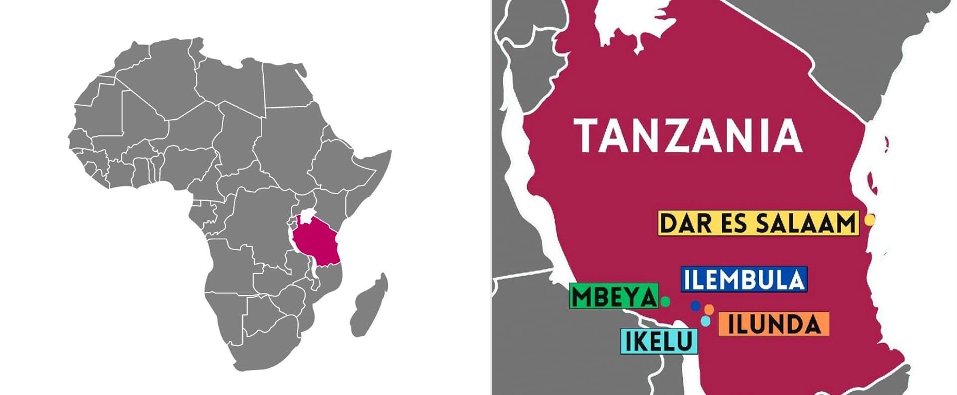 Mappa della Tanzania: Wanging'ombe,  Mbeya,  Dar Es Salaam